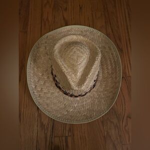 Faux Classic Straw Cream Cowboy Hat W/ Brown Black Cheetah/Leopard Print Accent